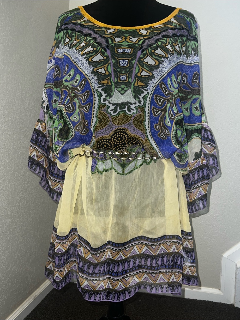 CAbi - Boho Sheer Tunic Top in Yellow and Purple, L